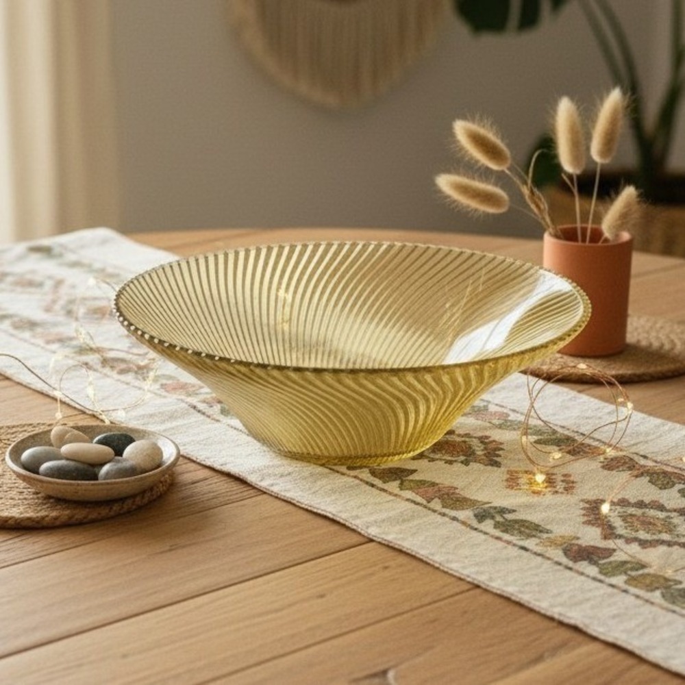 Federal Glass Amber Diana Serving Bowl, Vintage Yellow Swirl Pattern Centerpiece
